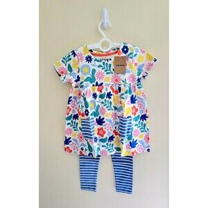 NWOT Mini Boden Jersey Hotchpotch Tunic & Leggings Set Blue Flowers, Sz 2/3,4/5